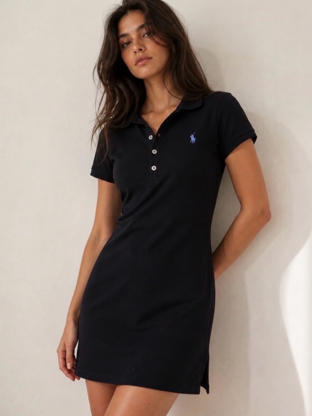 Vintage Polo Ralph Lauren Black Cotton Polo Dress Size S Baby Blue Pony Y2K
